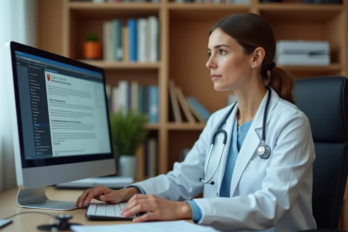 Médecin parcourant les rubriques d'un site médical français sur un ordinateur de bureau dans un cabinet médical moderne