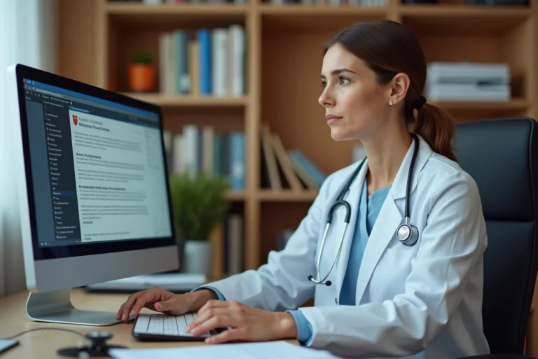 Médecin parcourant les rubriques d'un site médical français sur un ordinateur de bureau dans un cabinet médical moderne
