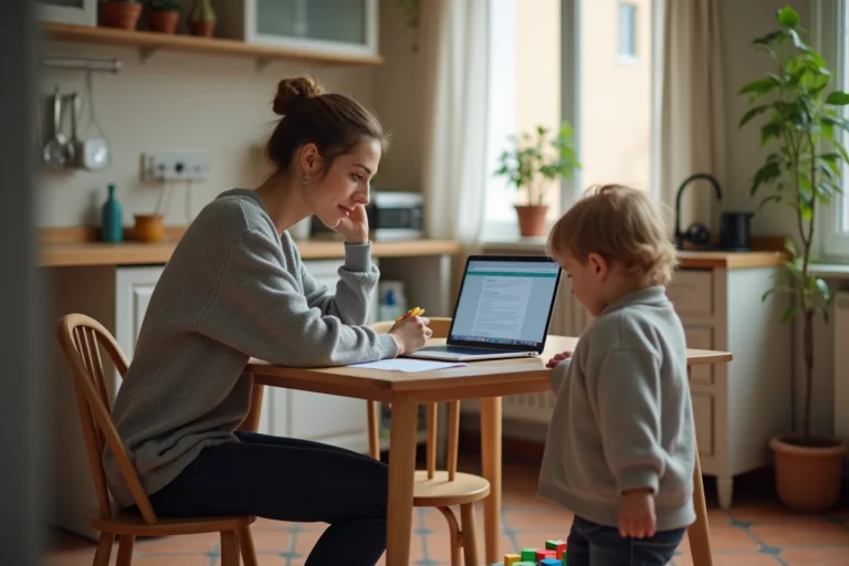 Mère de famille remplissant un formulaire CAF sur son ordinateur portable dans une cuisine chaleureuse avec son enfant en bas âge jouant à proximité