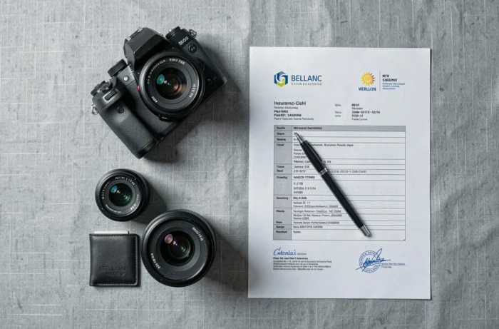 Mise à plat d'un appareil photo professionnel et d'un contrat d'assurance belge sur fond de lin gris