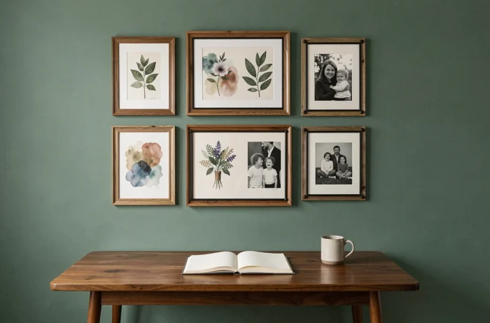 Mur galerie avec cadres assortis et œuvres variées sur fond vert sauge dans un bureau à domicile décoré