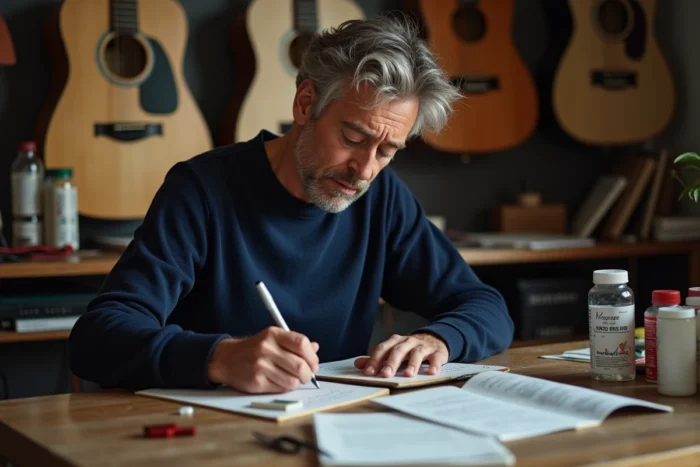 Musicien écrivant des paroles dans un home studio entouré de guitares et de médicaments, évoquant la créativité face à la maladie auto-immune