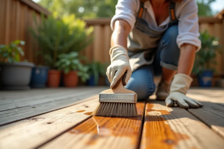 Femme appliquant un produit nettoyant sur une tache de résine de pin sur une terrasse en bois avec une brosse à poils durs
