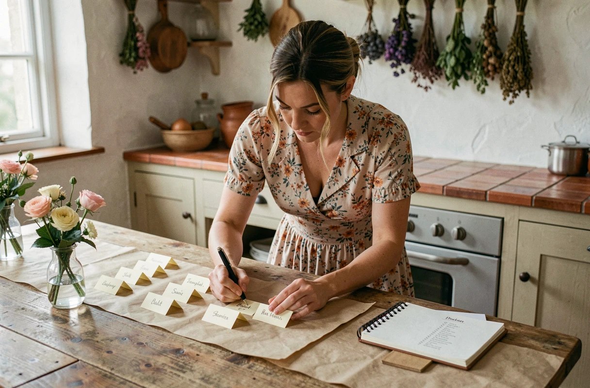 Femme organisant les cartons de place et la liste d'invités pour un retour de noces dans une cuisine campagnarde