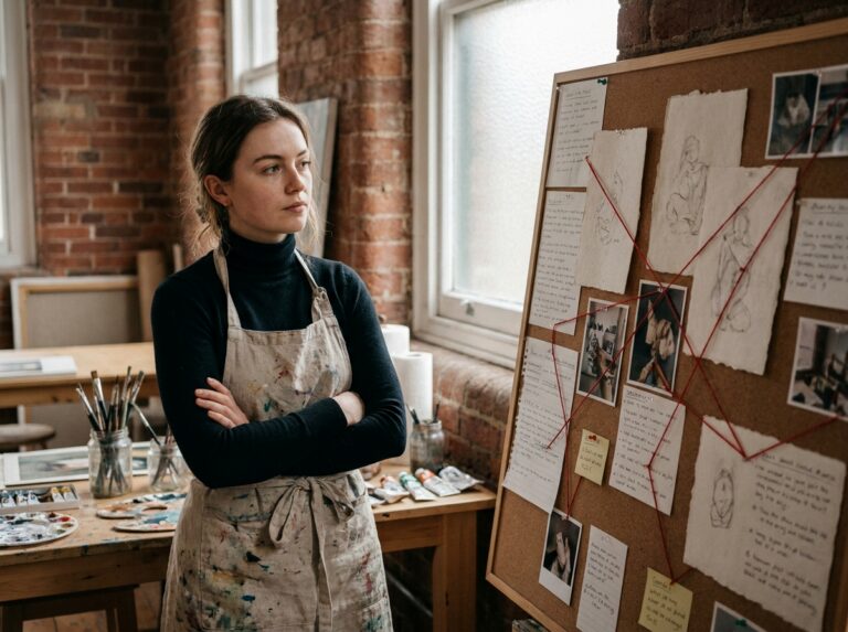 Jeune femme artiste réfléchissant devant un tableau de planification créatif dans un atelier d'art, illustrant le parcours artistique après le bac