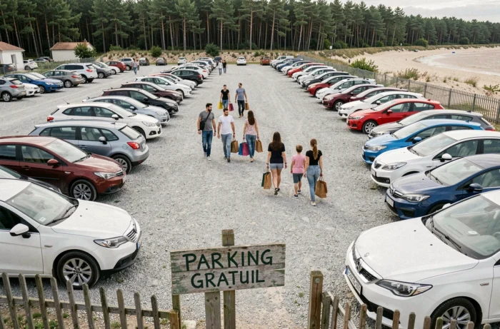 Parking gratuit en graviers à Fort Mahon bondé lors du jour de marché avec familles et voitures garées
