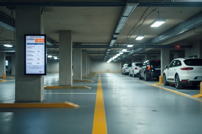 Intérieur du parking souterrain Place Rapp à Colmar avec panneau d'affichage des tarifs d'abonnement