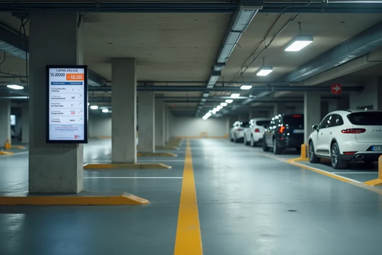 Intérieur du parking souterrain Place Rapp à Colmar avec panneau d'affichage des tarifs d'abonnement