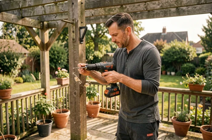 Homme percant une poutre en bois en extérieur avec la perceuse Bosch CSB 500 RE pour installer une fixation sur une terrasse
