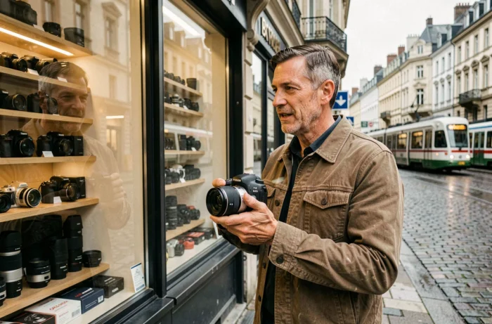Photographe masculin devant une boutique de matériel photo à Bruxelles tenant un appareil reflex professionnel