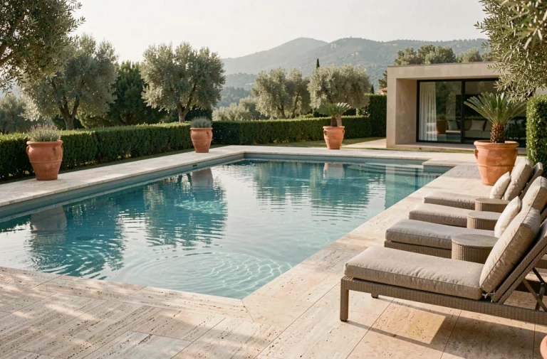 Piscine haut de gamme de 100 m² avec dallage en travertin et aménagement paysager méditerranéen dans une villa de luxe