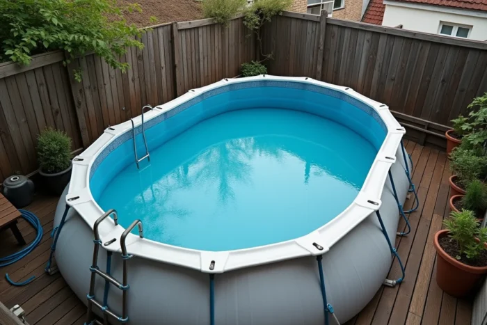 Petite piscine hors-sol ovale dans un jardin urbain compact illustrant les dimensions en dessous du seuil de déclaration fiscale