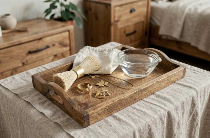 Plateau en bois avec des bijoux en or végétal, une brosse douce et un chiffon en coton sur une coiffeuse en lin pour l'entretien des bijoux