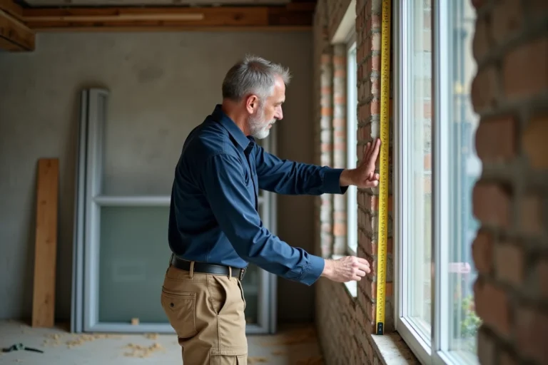 Artisan mesurant un cadre de menuiserie aluminium lors de la pose d'une fenêtre en rénovation intérieure