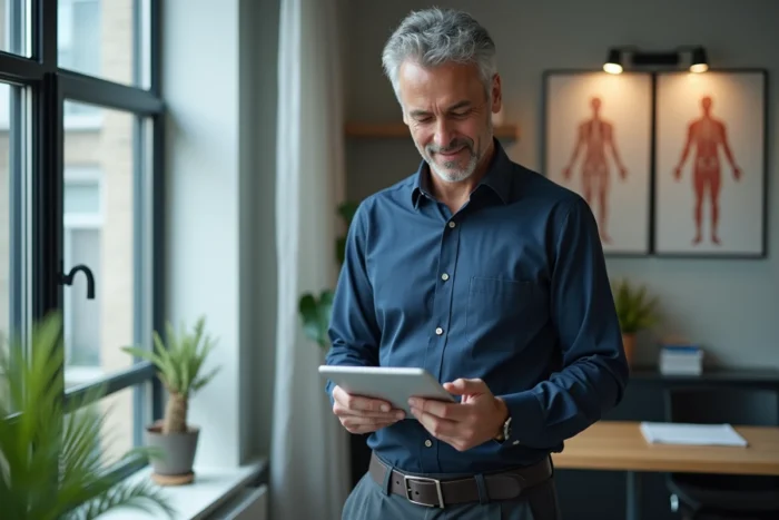 Praticien masculin consultant un portail d'information médicale sur tablette dans un bureau de consultation médical