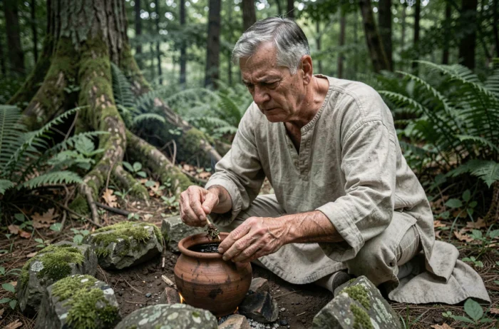 Facilitateur préparant la boisson cérémonielle de l'ayahuasca dans une forêt française