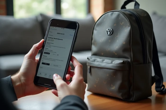 Un smartphone affichant un prix anormalement bas sur un canal de vente non officiel avec un faux sac à côté