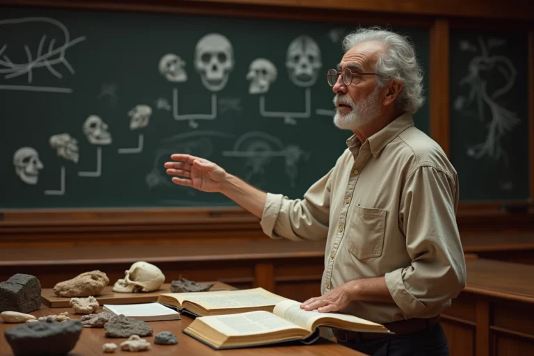 Professeur de biologie expliquant la théorie de l'évolution devant un tableau phylogénétique dans un amphithéâtre universitaire
