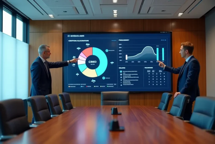 Deux professionnels de la finance analysant une stratégie de diversification de portefeuille intégrant la blockchain et les cryptomonnaies sur un écran interactif en salle de réunion