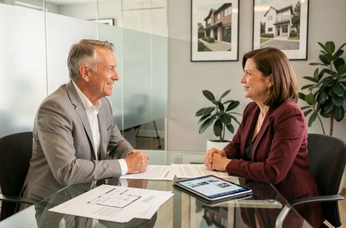 Deux professionnels de l'immobilier examinant des documents de gestion d'investissements dans une salle de réunion