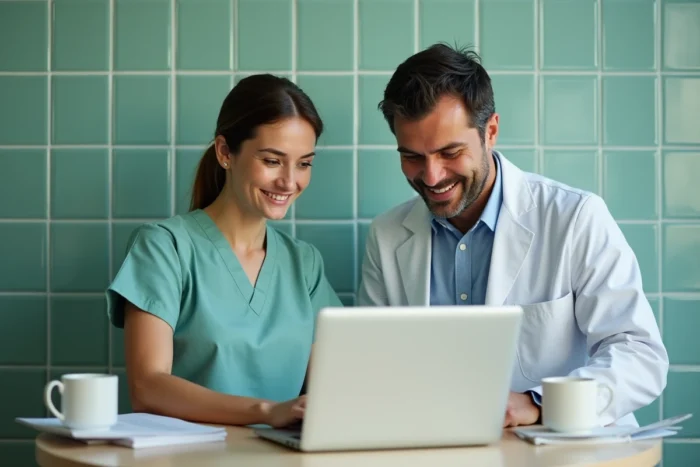 Deux professionnels de santé consultant ensemble les pages et rubriques d'un site médical français sur un ordinateur portable en salle de pause hospitalière