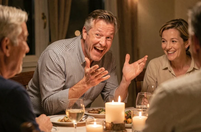 Homme racontant une blague avec un grand sourire à table