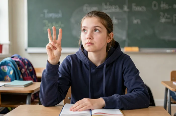 Adolescente réfléchissant à trois mots pour résumer sa journée
