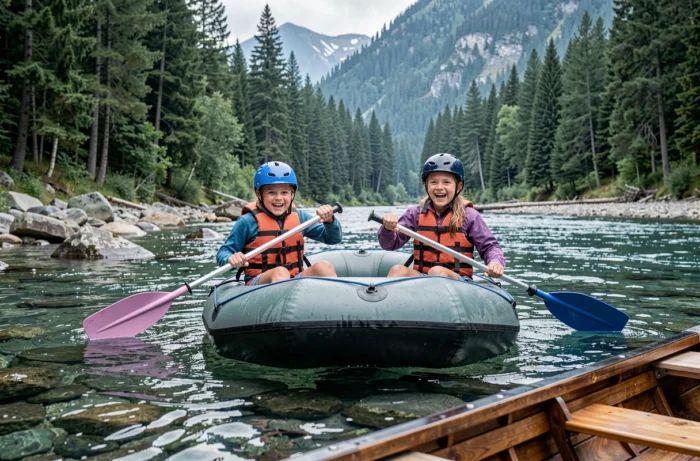Père et ses deux filles faisant du rafting en famille sur une rivière de montagne lors d'une activité originale en voyage