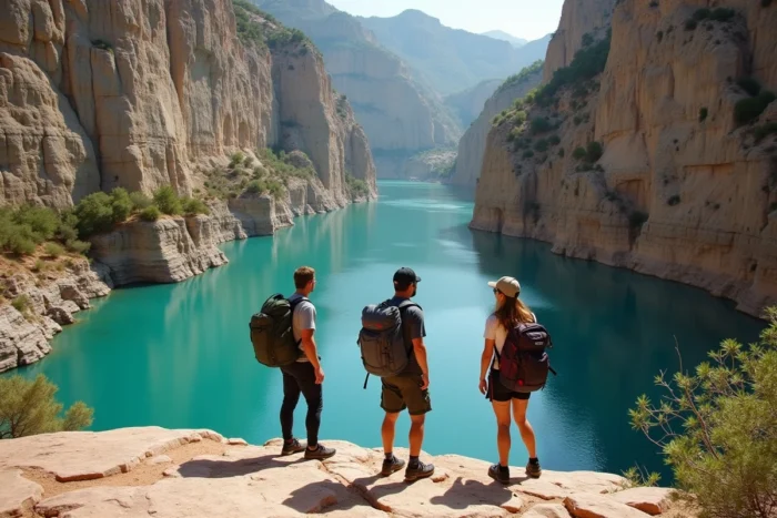 Randonneurs observant la vasque naturelle de la cascade de la Vis depuis un promontoire rocheux