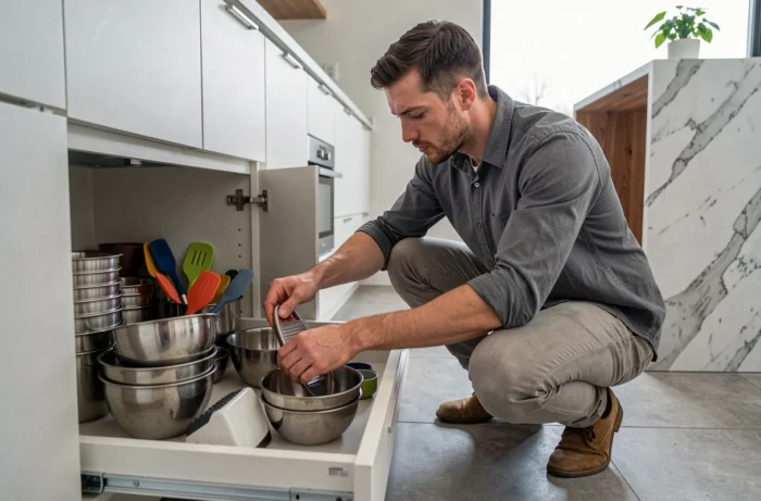Homme rangeant son équipement de cuisine dans un meuble bas d'une cuisine contemporaine
