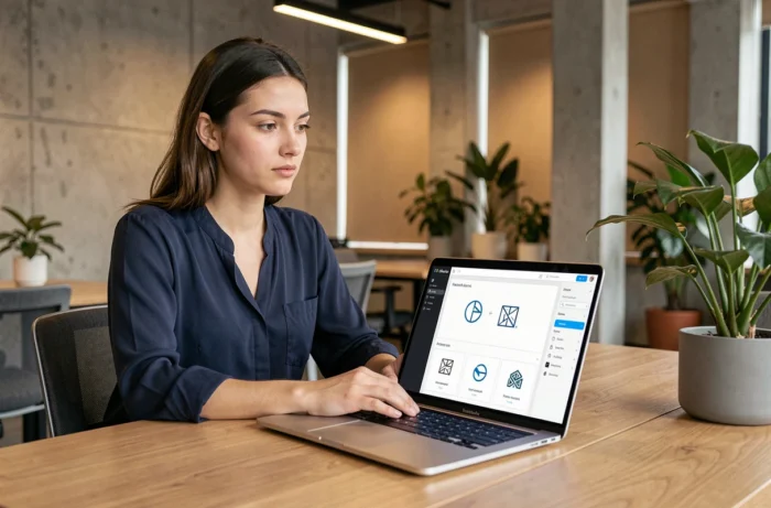 Jeune femme travaillant sur un projet de rebranding d'une plateforme numérique dans un bureau moderne