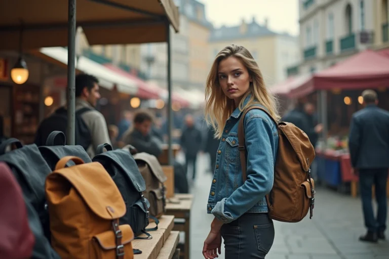 Une femme inspectant plusieurs sacs à dos sur un marché afin de distinguer les vrais Eastpak des contrefaçons