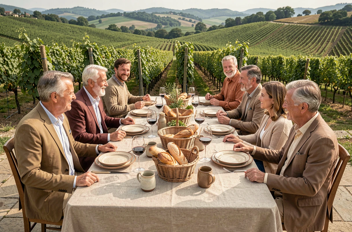 Groupe d'invités réunis autour d'une grande table en terrasse pour un retour de noces au milieu des vignes