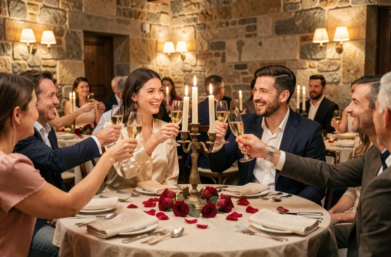 Couple de jeunes mariés portant un toast avec leurs invités lors d'un retour de noces élégant dans une salle en pierre