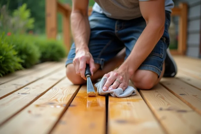 Homme retirant de la résine de pin collante entre les lames d'une terrasse en bois avec un grattoir plastique et un chiffon imbibé