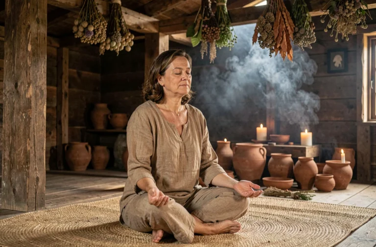 Femme en méditation profonde lors d'une retraite ayahuasca dans une salle cérémonielle en France