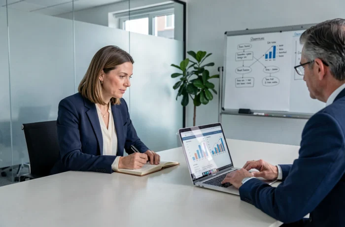 Femme d'affaires et conseiller fiscal examinant des stratégies de réduction de charge fiscale en réunion professionnelle