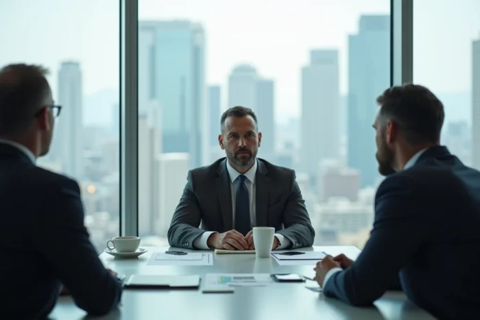 Réunion d'entrepreneurs en costume dans une salle de conférence avec vue sur la skyline urbaine