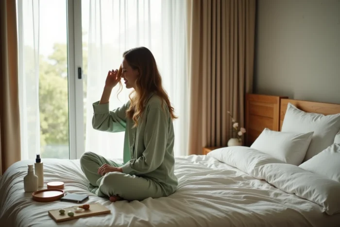 Femme brossant ses cheveux assise sur un lit avec des produits de beauté posés sur la table de chevet