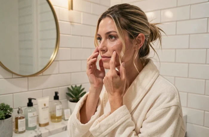 Femme appliquant un sérum visage devant un miroir de salle de bain en marbre, routine beauté naturelle quotidienne