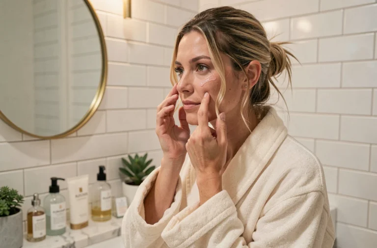 Femme appliquant un sérum visage devant un miroir de salle de bain en marbre, routine beauté naturelle quotidienne