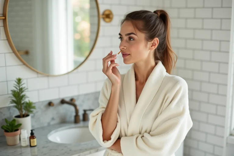 Femme appliquant un sérum visage devant un miroir de salle de bain en marbre, routine beauté quotidienne