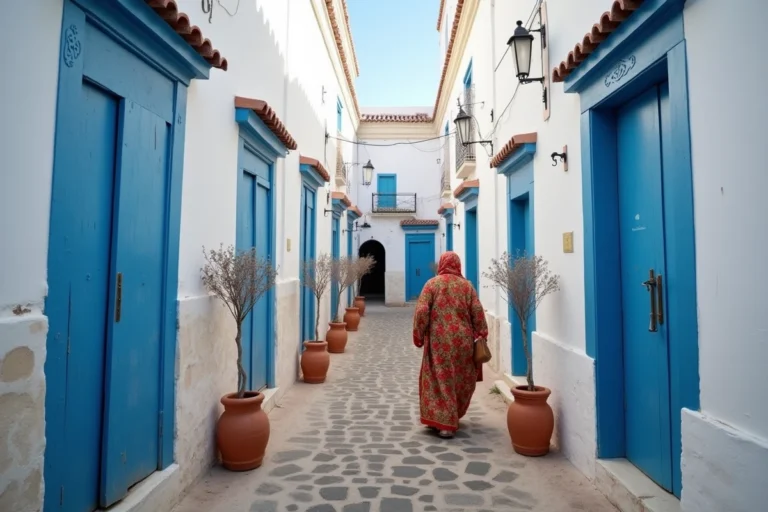 Ruelle de la médina d'Essaouira avec portes bleues traditionnelles et femme en djellaba, quartier idéal pour une location longue durée