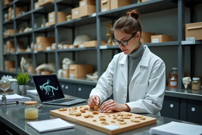 Scientifique examinant des fossiles dans un laboratoire de paléontologie pour l'étude de l'évolution des espèces