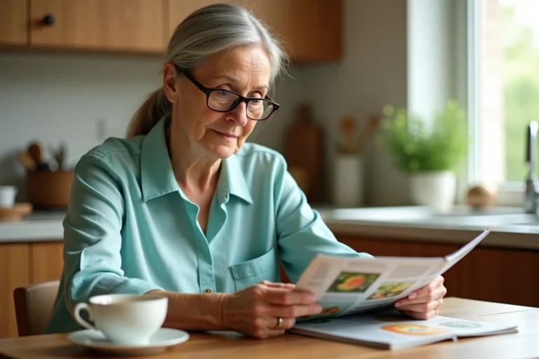Senior femme lisant un magazine de santé à la cuisine, conseils bien vieillir