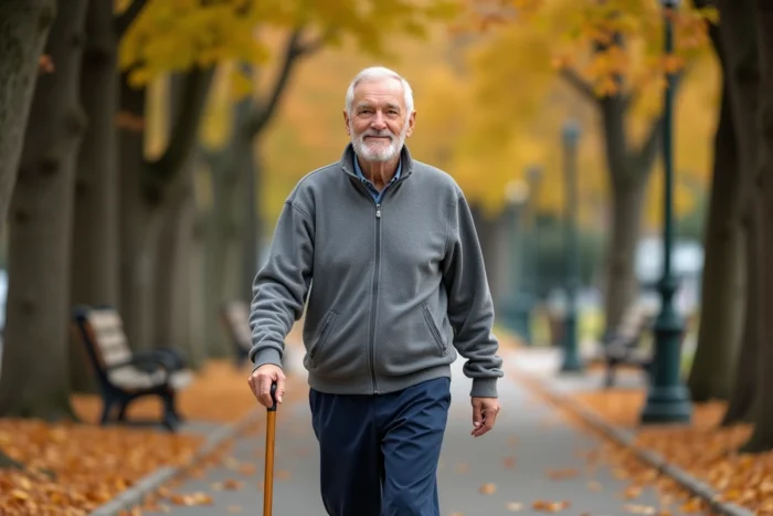 Senior homme marchant dans un parc en automne avec une canne, activité physique pour bien vieillir
