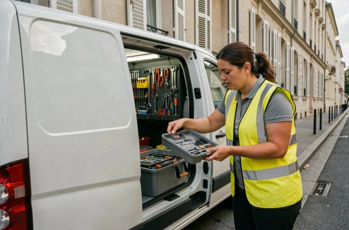 Serrurier femme préparant ses outils dans son van de service pour une intervention urgente en moins de 30 minutes