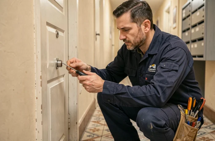 Serrurier professionnel en intervention rapide devant une porte d'appartement avec ses outils de crochetage