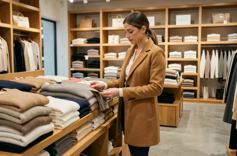 Femme élégante faisant du shopping dans un magasin Banana Republic avec des étagères en bois et une collection de vêtements en tons neutres