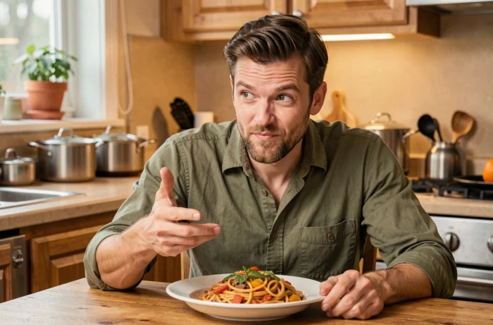 Homme désignant un plat de pâtes en imaginant être ce plat avec humour